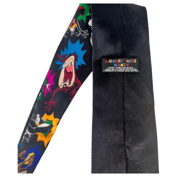 VTG Mens Looney Tunes Silk Tie Black Cartoon Character Bugs Bunny Daffy Duck Taz - Picture 4 of 7